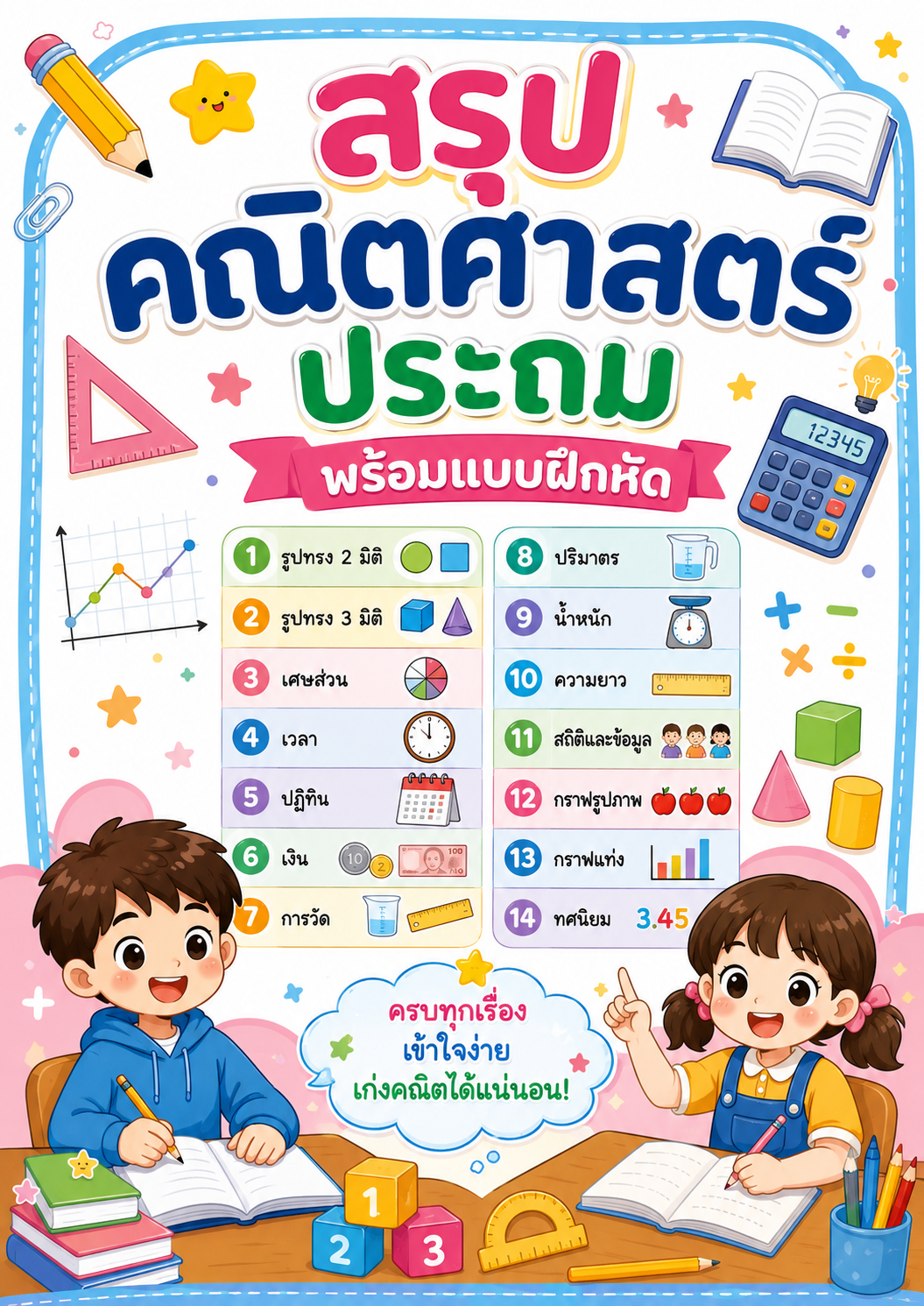 สรุปคณิตศาสตร์ประถม พร้อมแบบฝึกหัด ไฟล์ดิจิทัลสำหรับเด็ก | Math Workbook for Primary Students